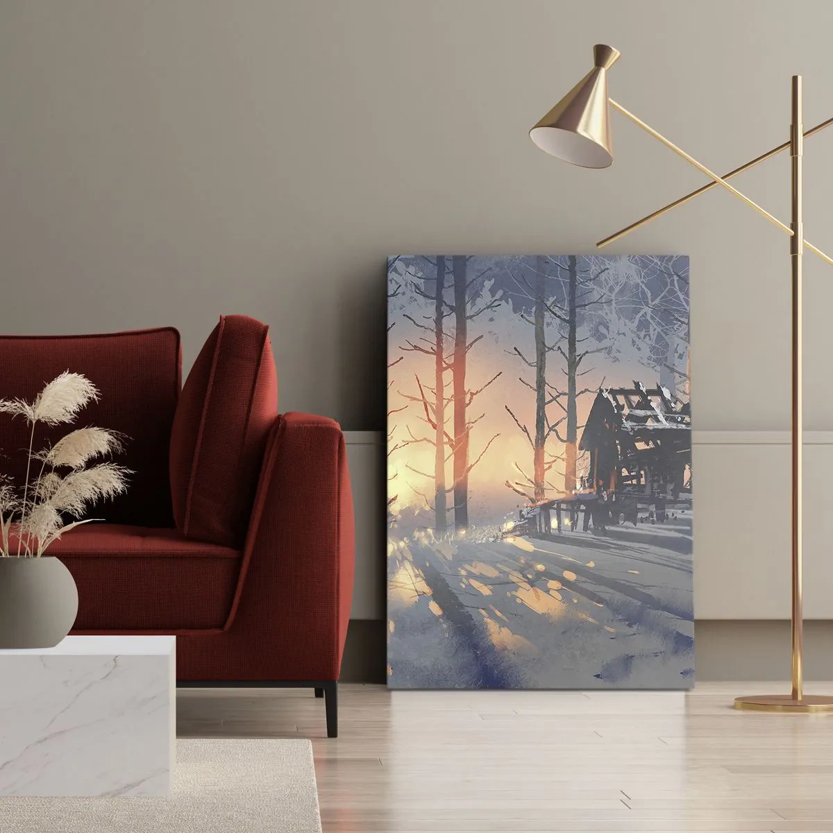 Quadro su tela - Stampe su Tela - Una casetta nel bosco in un paesaggio invernale con i raggi del sole al tramonto - 70x100cm - Qui solamente il sole osserva - Decorazione murale moderna per soggiorno e camera da letto ARTTOR