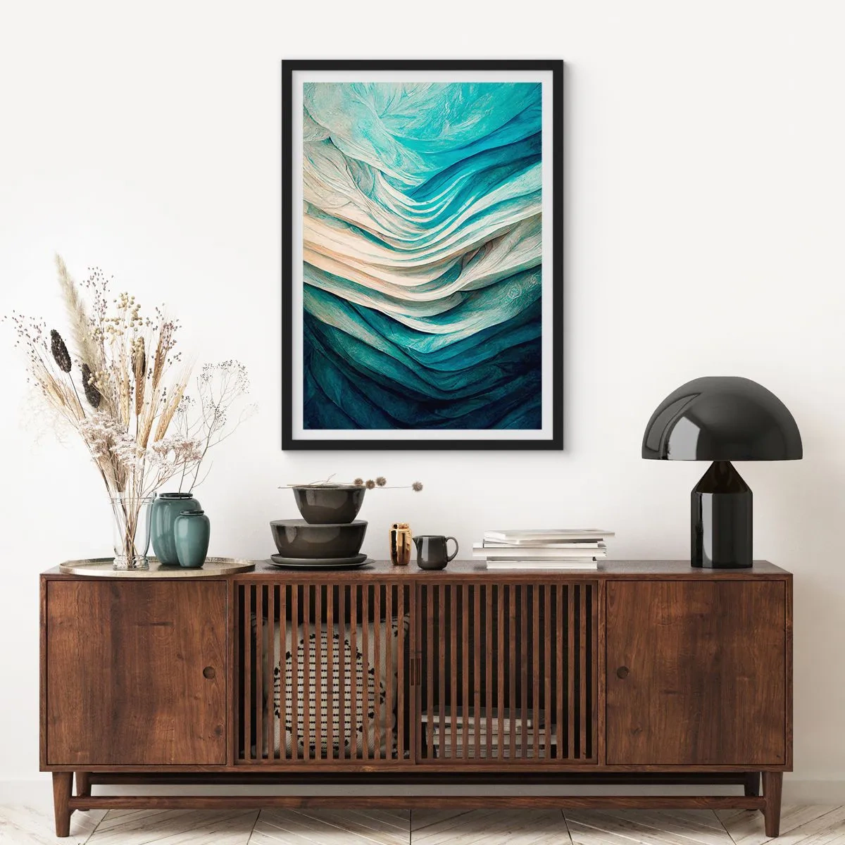 Poster in cornice nera - Composizione astratta di onde nei toni del blu e del beige - 50x70cm - Blu insaziabile - Decorazione murale moderna per soggiorno e camera da letto ARTTOR