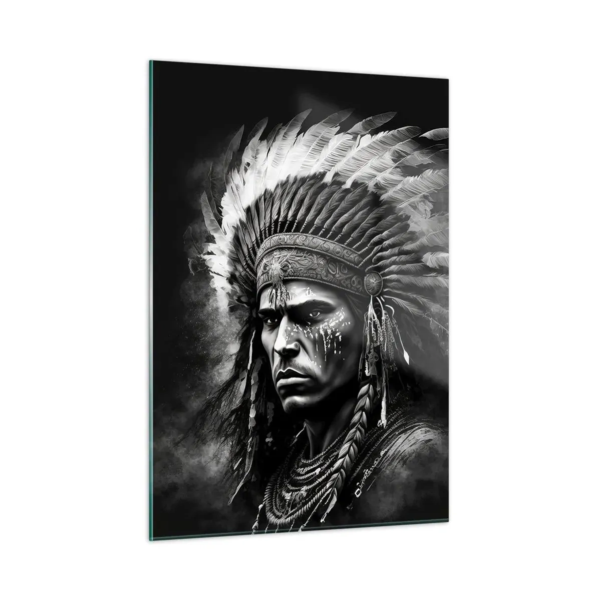 Quadro su vetro - Ritratto in bianco e nero di un guerriero con un copricapo piumato - 50x70cm - Capo e guerriero - Decorazione murale moderna per soggiorno e camera da letto ARTTOR