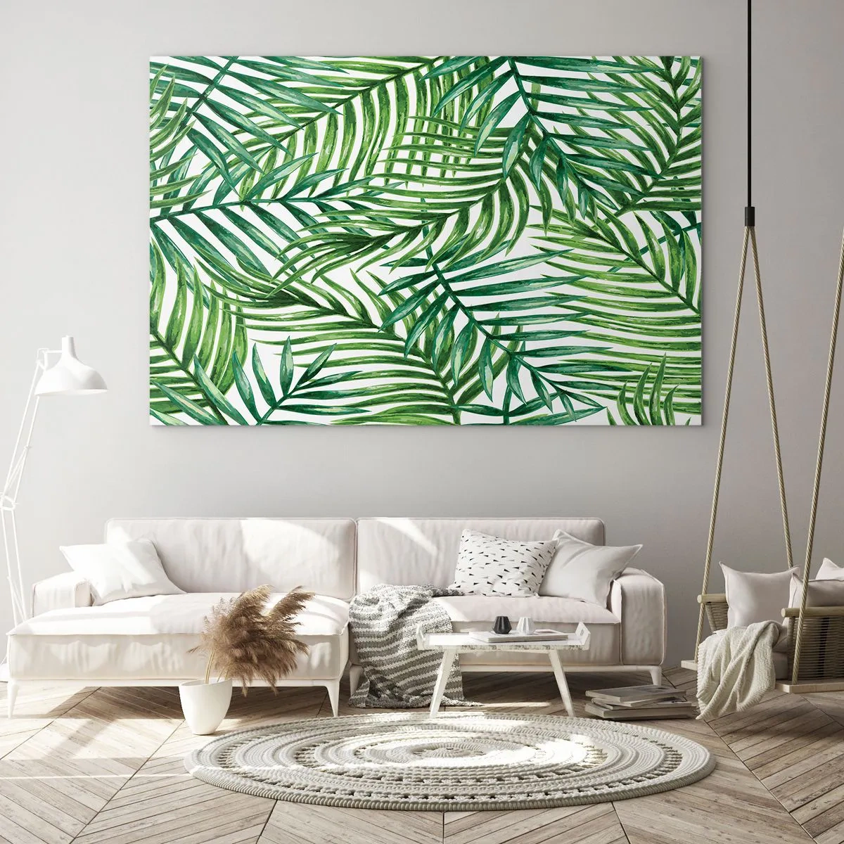 Quadro su vetro - Foglie di palma verdi su sfondo bianco che creano un motivo geometrico - 100x70cm - Sotto un baldacchino verde - Decorazione murale moderna per soggiorno e camera da letto ARTTOR