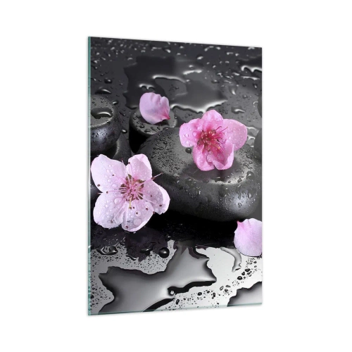 Quadro su vetro - Pietre da spa con fiori su sfondo bagnato - 50x70cm - E il cuore si libera di un peso - Decorazione murale moderna per soggiorno e camera da letto ARTTOR