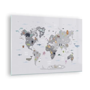 Quadro su vetro - Mappa del mondo illustrata con animali caratteristici - 70x50cm - Dimmi di dove sei... - Decorazione murale moderna per soggiorno e camera da letto ARTTOR