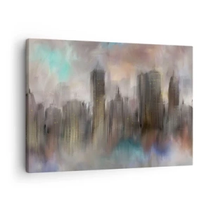 Quadro su tela - Stampe su Tela - Una visione artistica di un paesaggio urbano con grattacieli dai colori pastello. - 70x50cm - Composizione con acciaio, pietra e nebbia - Decorazione murale moderna per soggiorno e camera da letto ARTTOR