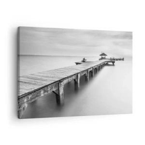 Quadro su tela - Stampe su Tela - Una vista in bianco e nero di un molo di legno su acque calme. - 70x50cm - Sempre più lontano. - Decorazione murale moderna per soggiorno e camera da letto ARTTOR