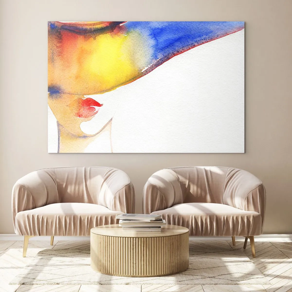 Quadro su vetro - Ritratto di una donna in un'astrazione colorata ad acquerello - 70x50cm - Ritratto di donna - Decorazione murale moderna per soggiorno e camera da letto ARTTOR