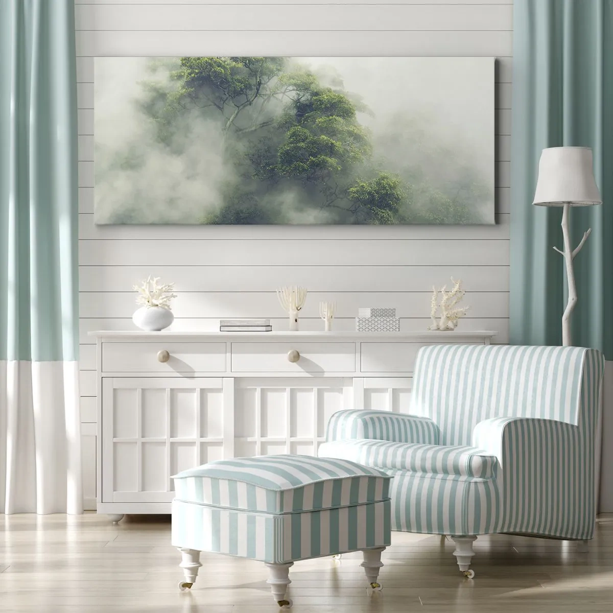 Quadro su tela - Stampe su Tela - Alberi verdi nella fitta nebbia contro uno sfondo naturale - 120x50cm - Avvolti dalla nebbia - Decorazione murale moderna per soggiorno e camera da letto ARTTOR