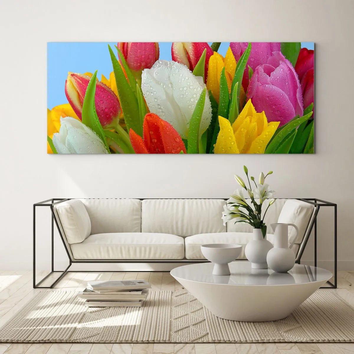 Quadro su vetro - Fiori multicolori nella rugiada - 100x40 cm