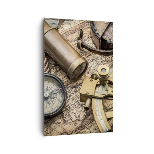 Quadro su tela - Stampe su Tela - Una bussola, un sestante e un telescopio sullo sfondo di una vecchia mappa e di una corda nautica. - 80x120cm - Traccia la rotta - Decorazione murale moderna per soggiorno e camera da letto ARTTOR