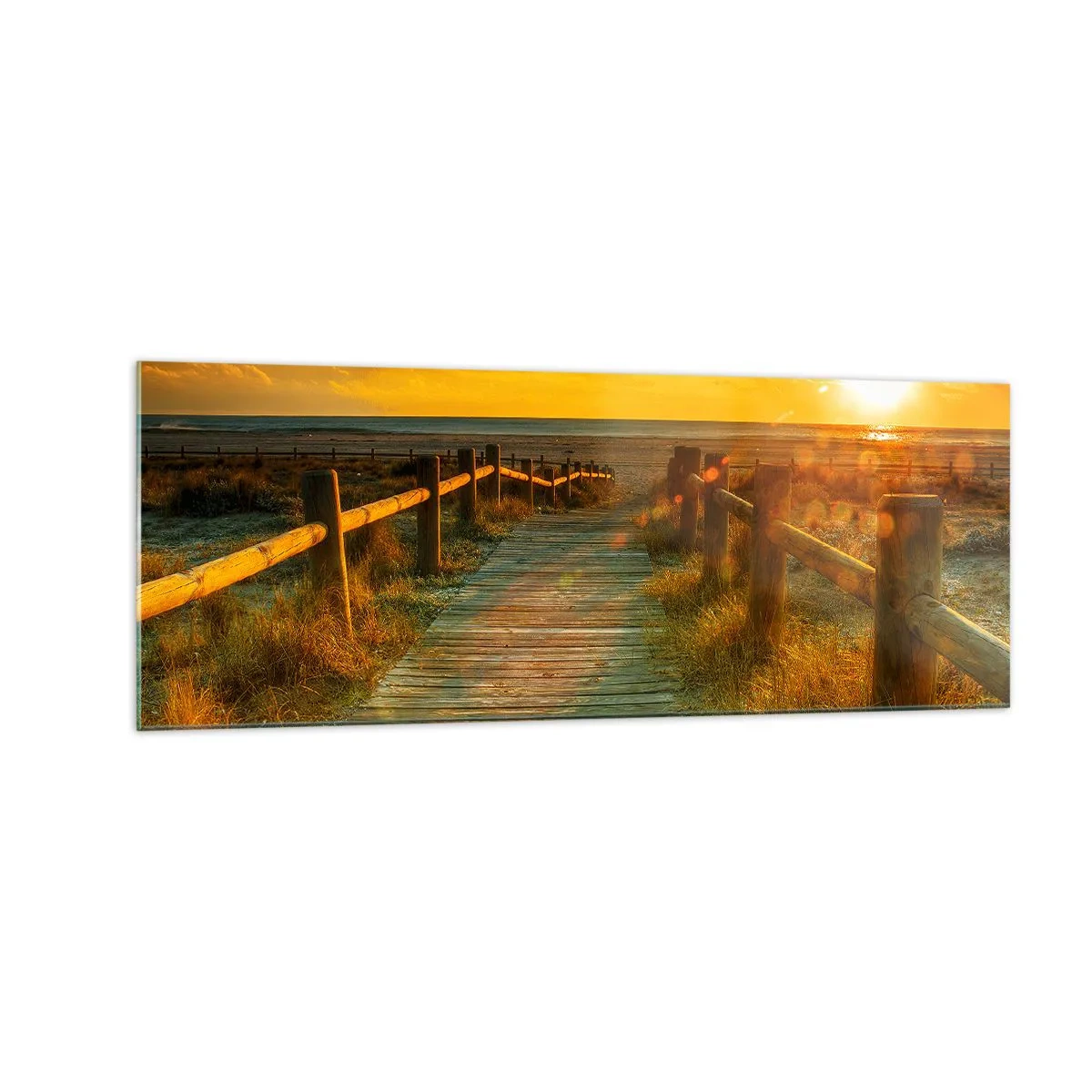 Quadro su vetro - Un sentiero in legno che conduce alla spiaggia al chiarore del sole al tramonto - 140x50cm - Immerse nell'oro vecchio - Decorazione murale moderna per soggiorno e camera da letto ARTTOR