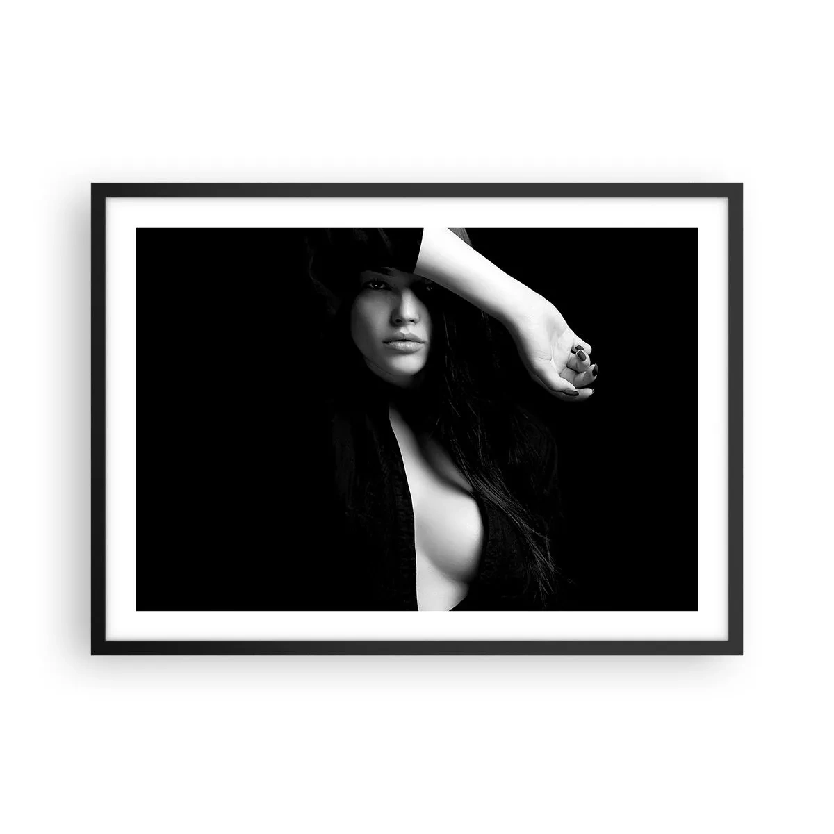 Poster in cornice nera - Ritratto elegante di una donna in bianco e nero - 70x50cm - Scuola di seduzione - Decorazione murale moderna per soggiorno e camera da letto ARTTOR