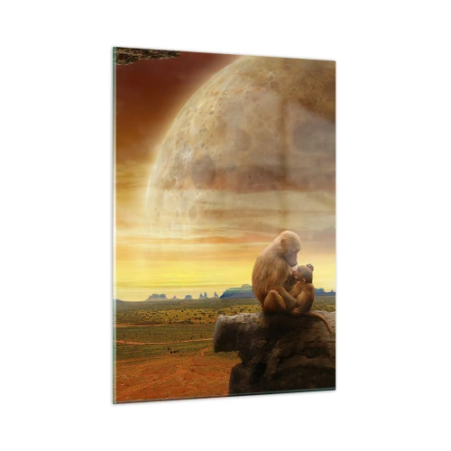Quadro su vetro - Scimmie sedute su una roccia con un'enorme luna sullo sfondo - 50x70cm - L'amore è ovunque lo stesso - Decorazione murale moderna per soggiorno e camera da letto ARTTOR