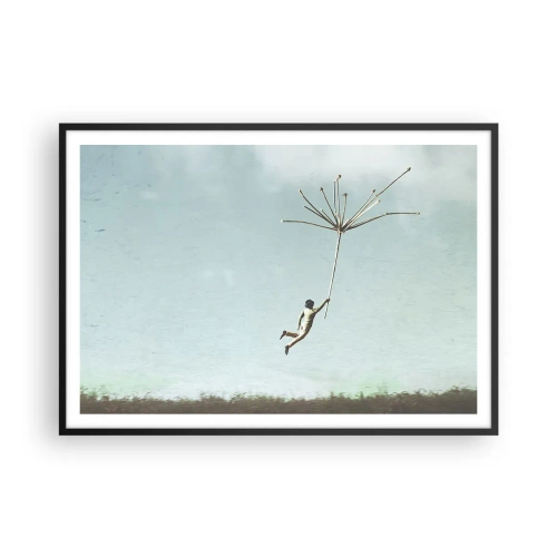 Poster in cornice nera - Una figura sollevata da un grande seme di tarassaco - 100x70cm - Aquiloni, denti di leone, vento - Decorazione murale moderna per soggiorno e camera da letto ARTTOR
