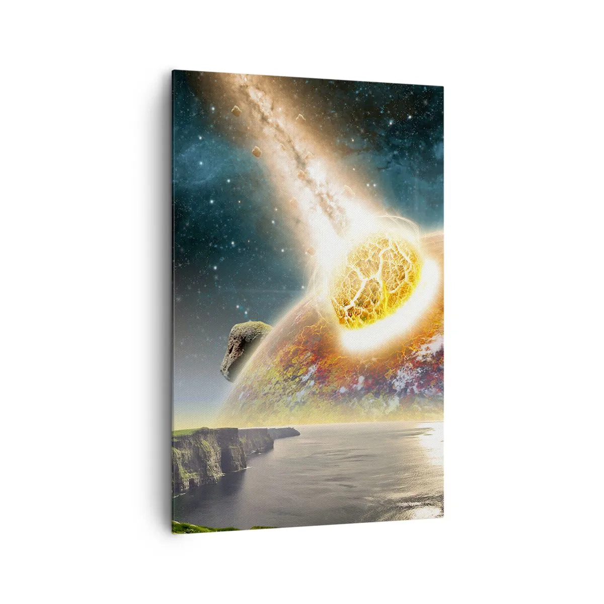 Quadro su tela - Stampe su Tela - Un meteorite si scontra con un pianeta in un paesaggio cosmico. - 80x120cm - Dramma cosmico - Decorazione murale moderna per soggiorno e camera da letto ARTTOR