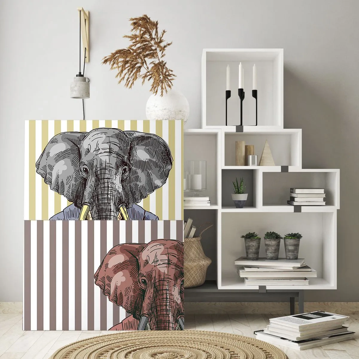 Quadro su vetro - Un elefante in abito su uno sfondo di strisce beige - 70x100cm - Elegante di natura - Decorazione murale moderna per soggiorno e camera da letto ARTTOR
