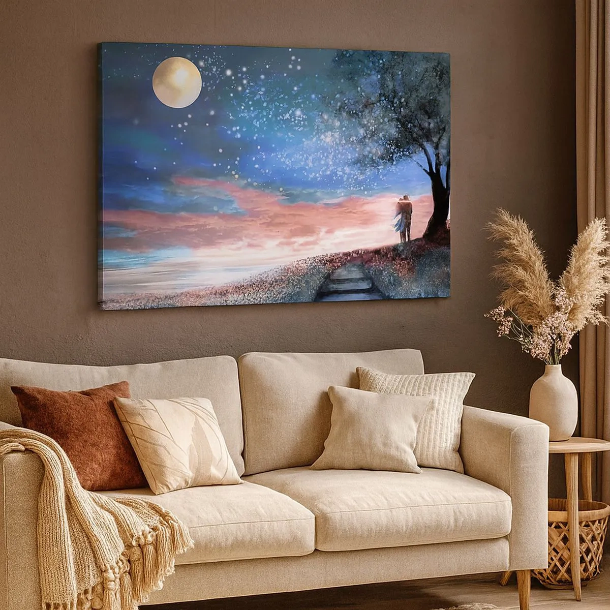 Quadro su tela - Stampe su Tela - Scena romantica di coppia sotto la luna piena - 70x50cm - Lo spettacolo delle stelle - Decorazione murale moderna per soggiorno e camera da letto ARTTOR