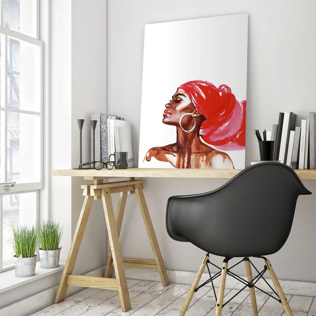 Quadro su vetro - Ritratto ad acquerello di una donna con un turbante rosso - 50x70cm - C'è un vento che allarga le narici dell'uomo - Decorazione murale moderna per soggiorno e camera da letto ARTTOR