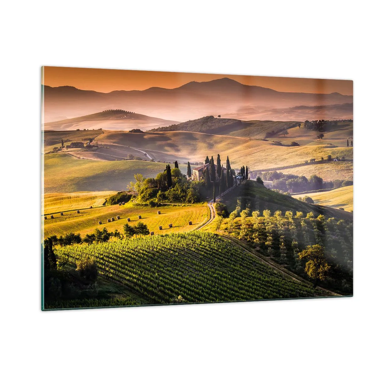 Quadro su vetro - Paesaggio toscano all'alba - 120x80cm - Arcadia: paesaggio toscano - Decorazione murale moderna per soggiorno e camera da letto ARTTOR