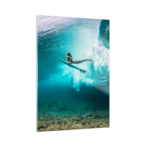 Quadro su vetro - Surfista sott'acqua tra le onde con una tavola da surf - 50x70cm - Mondo subacqueo - Decorazione murale moderna per soggiorno e camera da letto ARTTOR