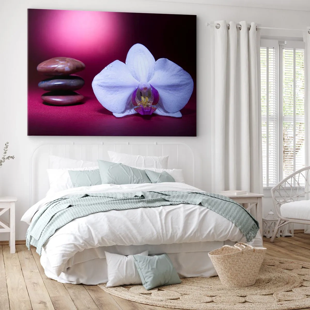 Quadro su tela - Stampe su Tela - Orchidea bianca e pietre su sfondo rosa - 120x80cm - Studio di freschezza in viola - Decorazione murale moderna per soggiorno e camera da letto ARTTOR