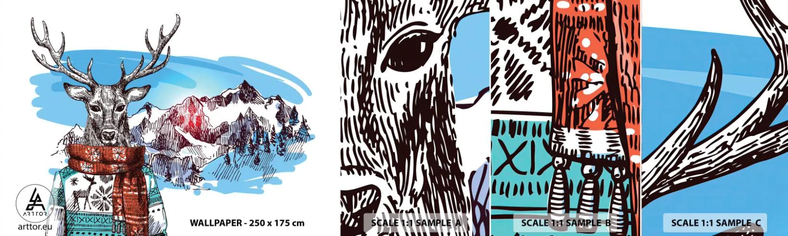 Campione Di Fotomurale Standard Eco - Anche il cervo non ha freddo - Astrazione, Cervo, Per bambini - 100x30 cm