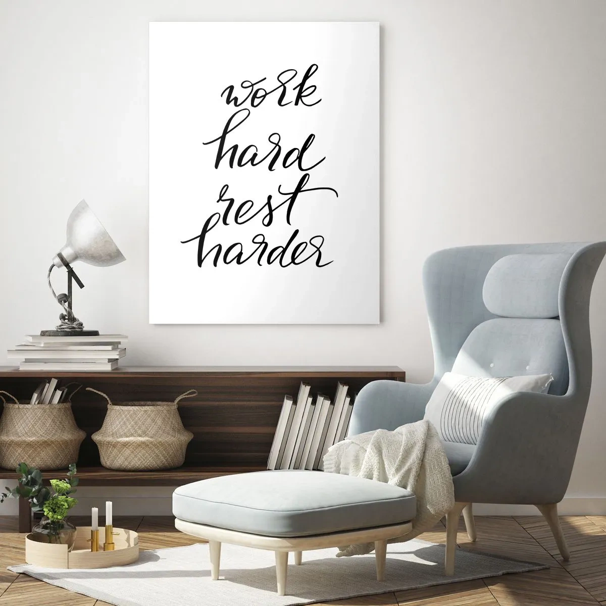 Quadro su vetro - Lavora duro e riposa ancora di più, citazione su sfondo bianco - 80x120cm - L'equilibrio della vita - Decorazione murale moderna per soggiorno e camera da letto ARTTOR
