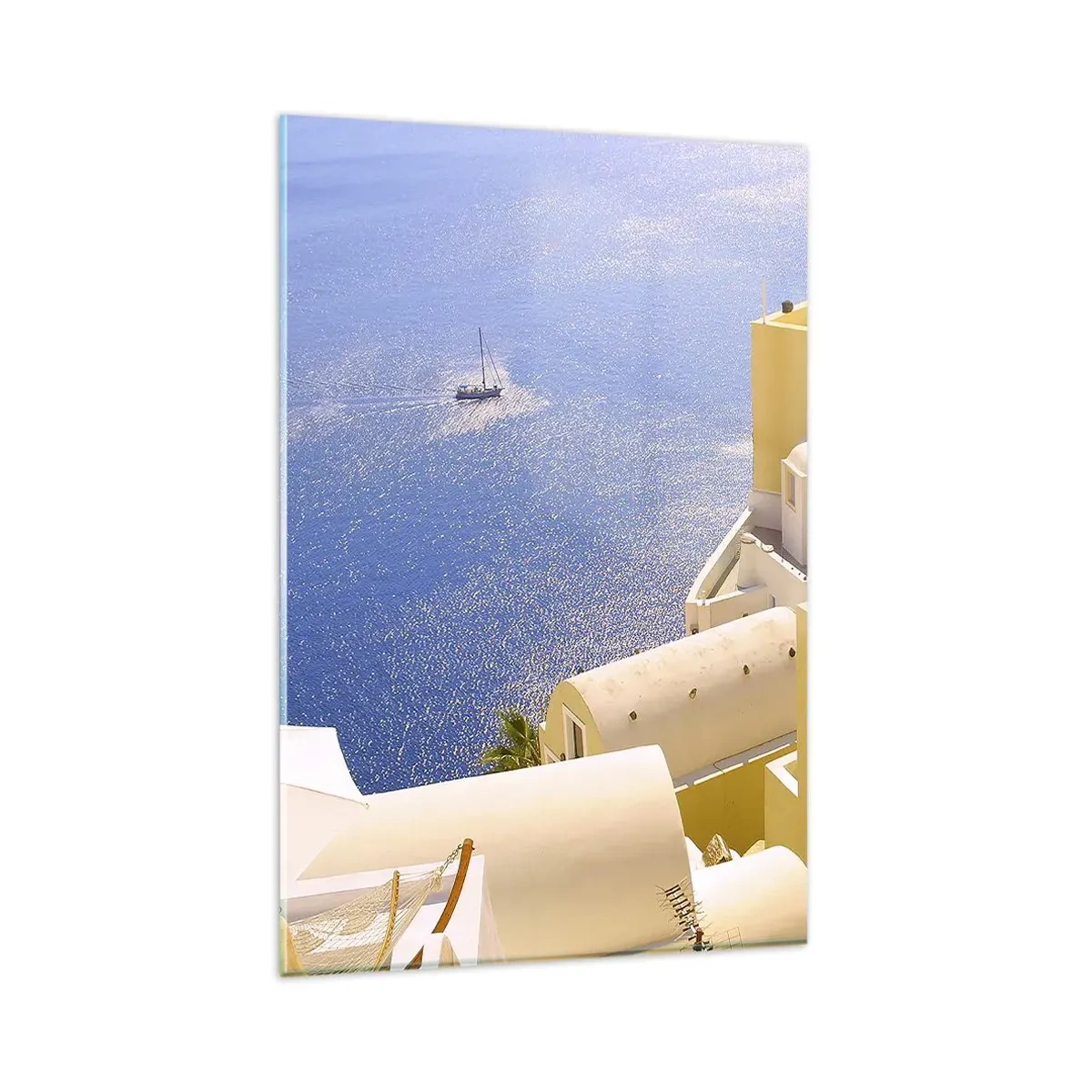 Quadro su vetro - Architettura greca con vista sul mare e una barca sullo sfondo - 80x120cm - Paesaggio greco in bianco e blu - Decorazione murale moderna per soggiorno e camera da letto ARTTOR