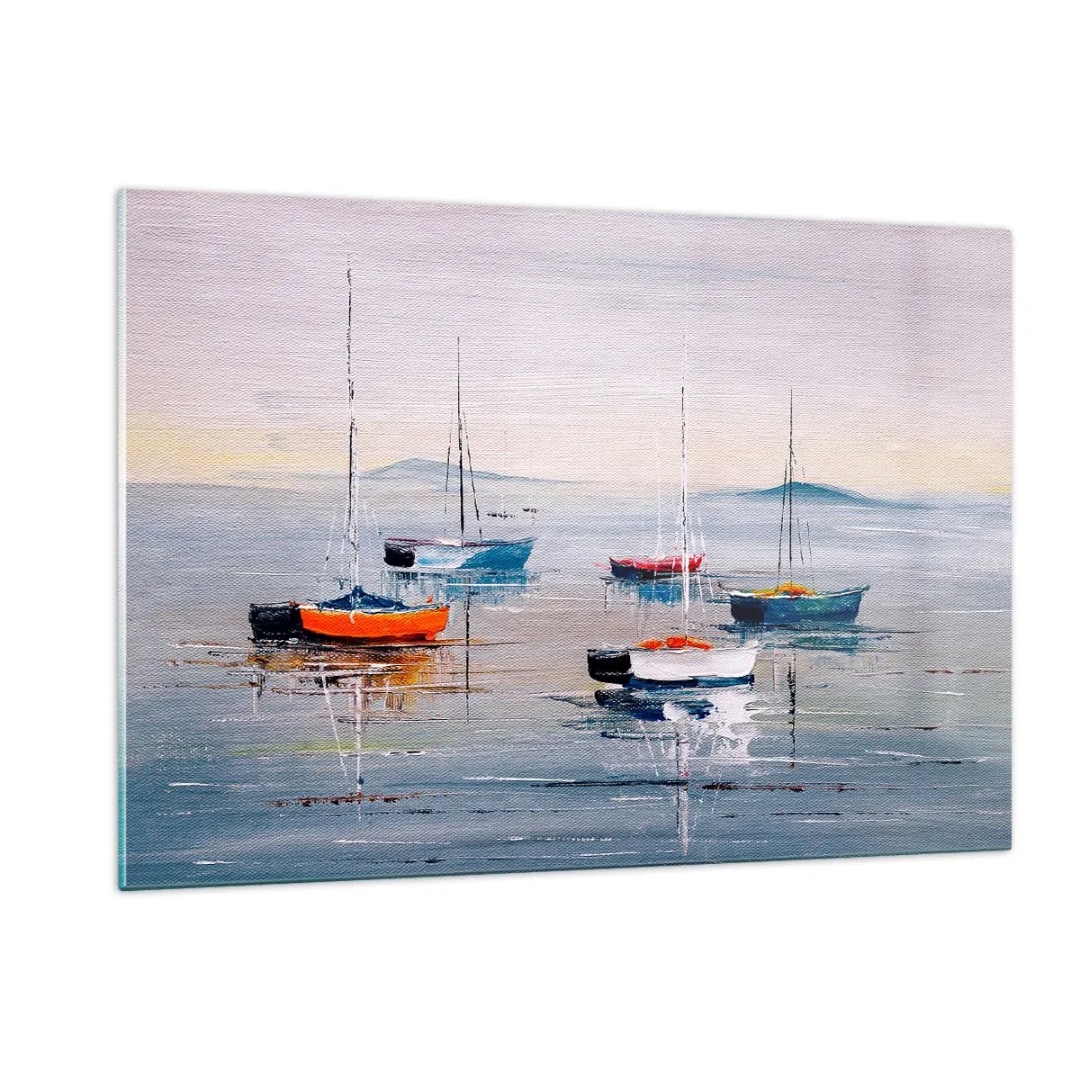 Quadro su vetro - Barche colorate che vanno alla deriva sulle acque calme al tramonto - 120x80cm - Meritato riposo - Decorazione murale moderna per soggiorno e camera da letto ARTTOR