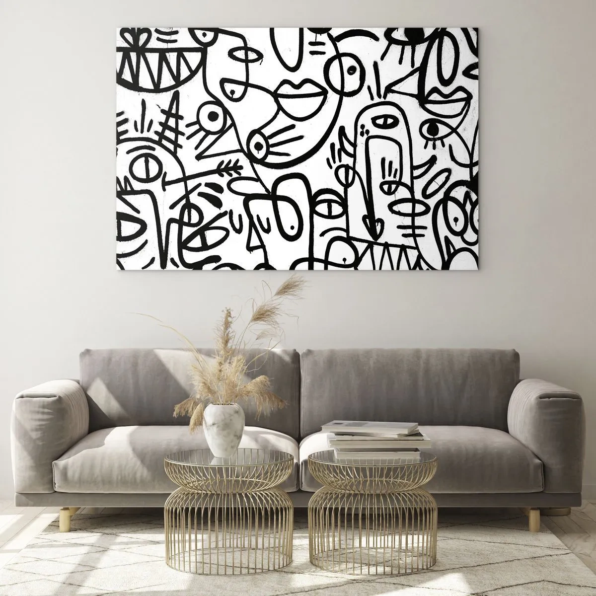 Quadro su vetro - Astrazione in bianco e nero con occhi, volti e linee - 70x50cm - Volti e miraggi - Decorazione murale moderna per soggiorno e camera da letto ARTTOR