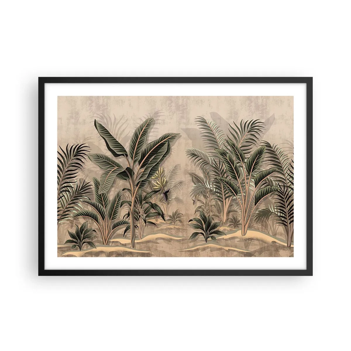 Poster in cornice nera - Palme e vegetazione tropicale nei toni del verde su sfondo beige - 70x50cm - Incisione in stile coloniale - Decorazione murale moderna per soggiorno e camera da letto ARTTOR