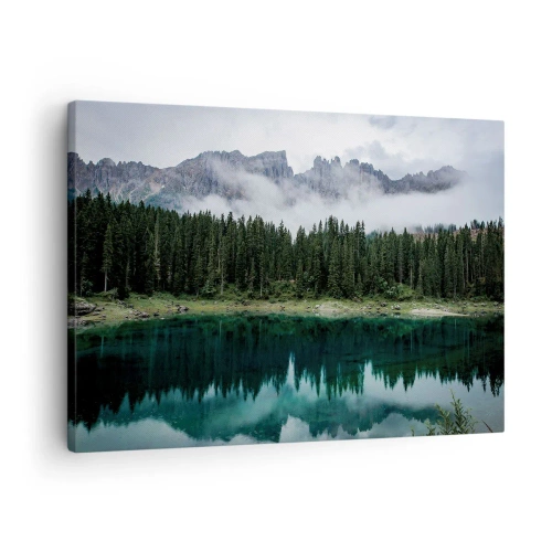 Quadro su tela - Stampe su Tela - Un paesaggio montano con una foresta e un lago che riflette il cielo - 70x50cm - Silenzio, non svegliamo l'acqua che dorme... - Decorazione murale moderna per soggiorno e camera da letto ARTTOR