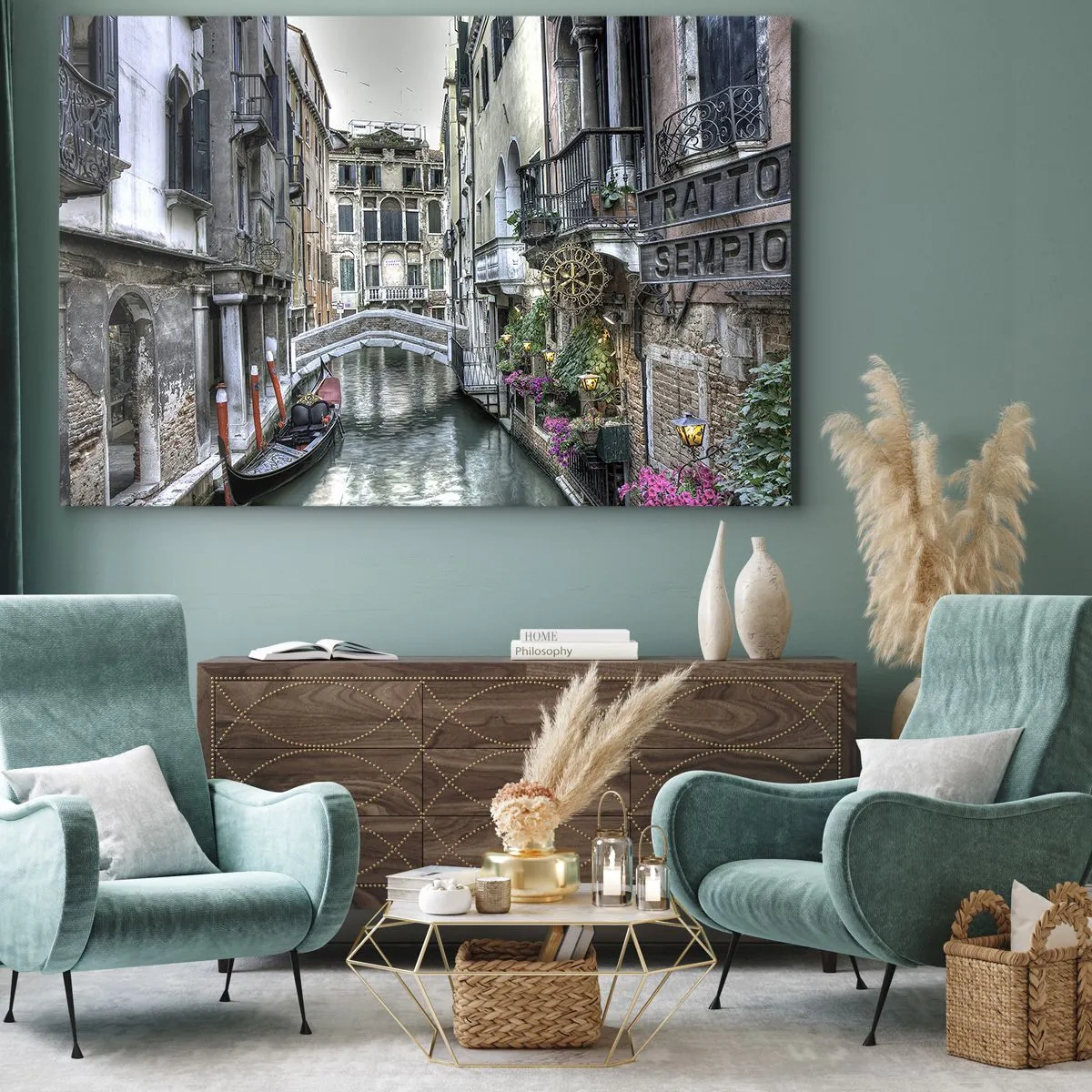 Quadro su tela - Stampe su Tela - Canale veneziano con gondola e ponte di pietra - 120x80cm - Da secoli in silenziosa riflessione - Decorazione murale moderna per soggiorno e camera da letto ARTTOR