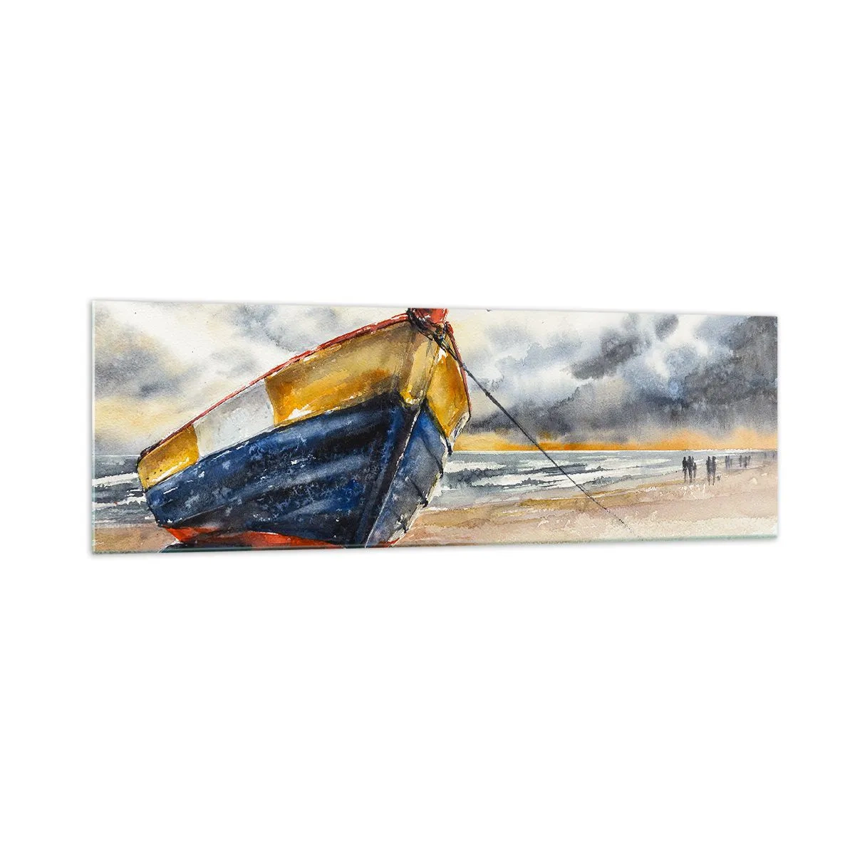 Quadro su vetro - Una pittoresca barca sulla spiaggia sotto un cielo nuvoloso - 160x50cm - Riposo sulla riva - Decorazione murale moderna per soggiorno e camera da letto ARTTOR