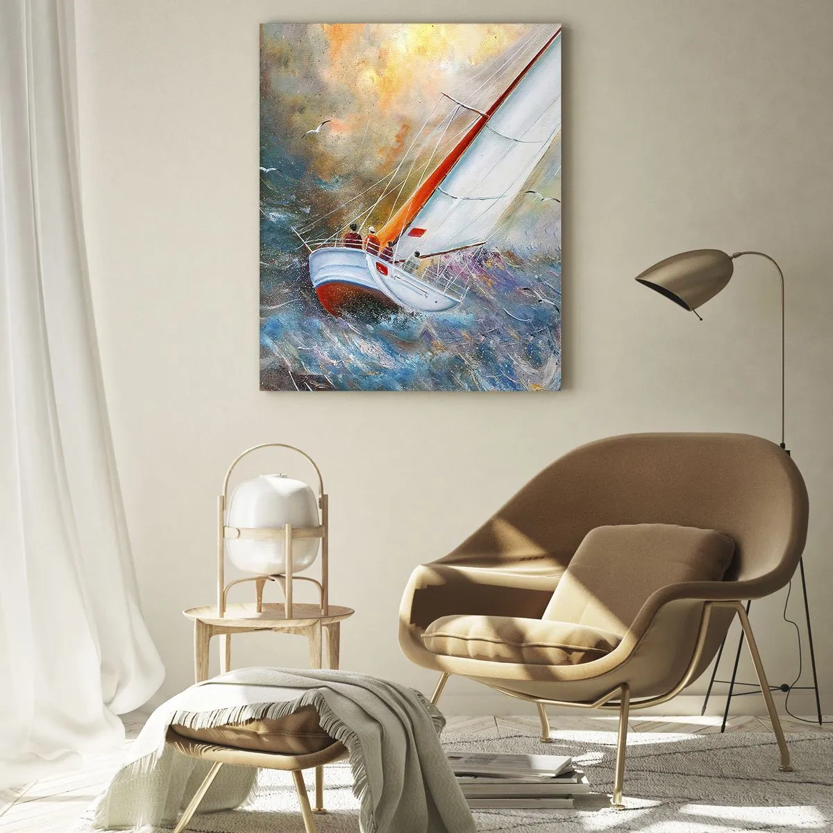 Quadro su vetro - Barche a vela su onde agitate in una composizione dinamica - 70x100cm - Correndo sulle onde - Decorazione murale moderna per soggiorno e camera da letto ARTTOR