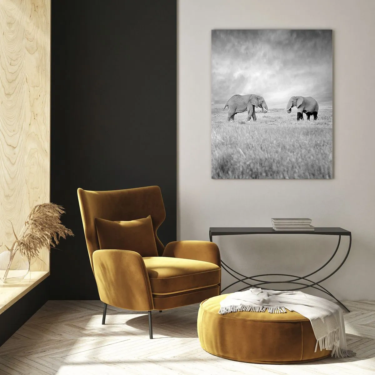 Quadro su vetro - Due elefanti sullo sfondo della savana africana - 80x120cm - Grigio è bello - Decorazione murale moderna per soggiorno e camera da letto ARTTOR