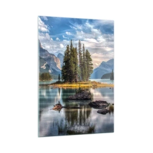 Quadro su vetro - Un lago pittoresco con un'isola e montagne sullo sfondo - 50x70cm - Sulle acque grandi e limpide...  - Decorazione murale moderna per soggiorno e camera da letto ARTTOR