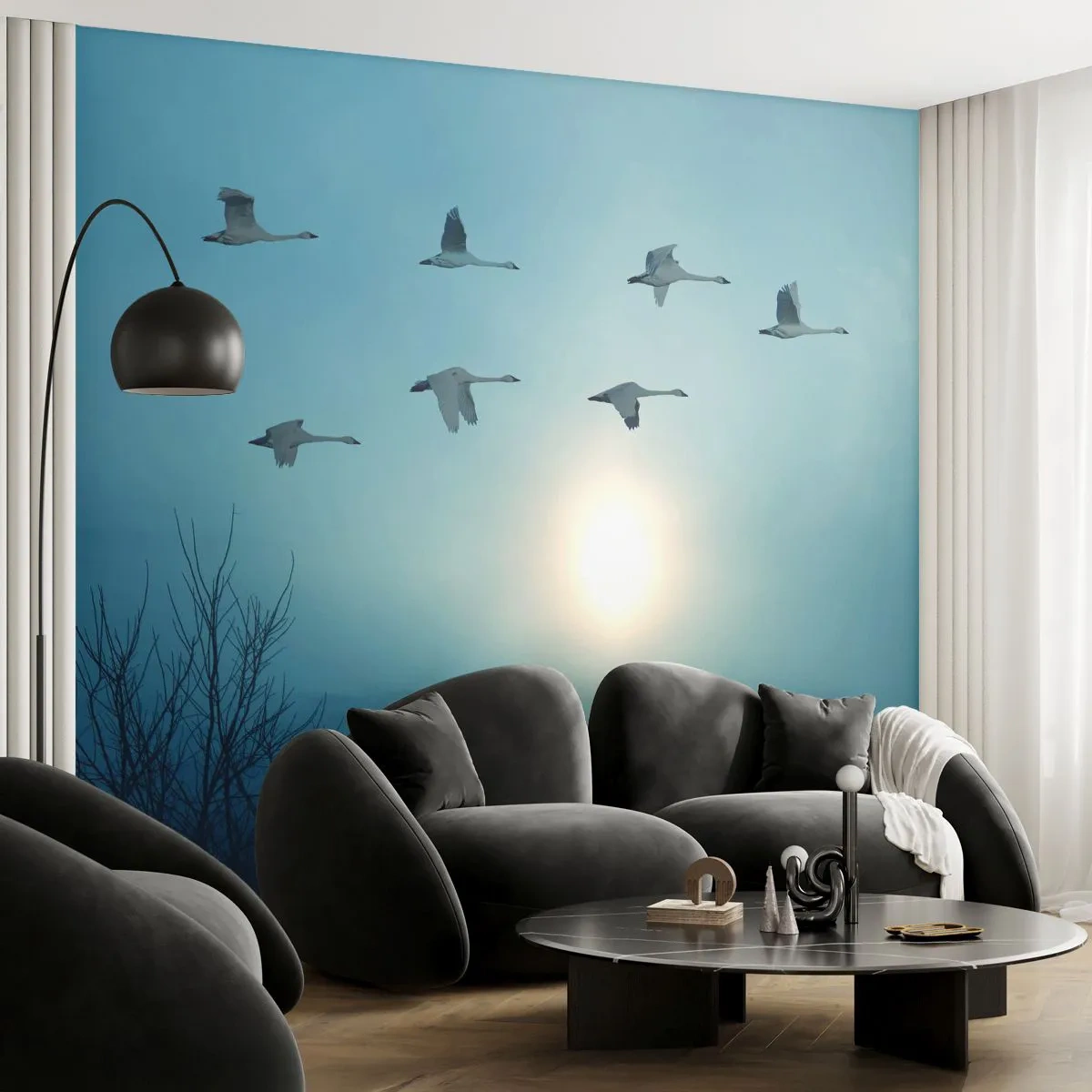 Fotomurali Premium Canvas - Cigni in volo al mattino - 100x70cm - Addio estate, quest'anno - Decorazione murale moderna per soggiorno e camera da letto ARTTOR