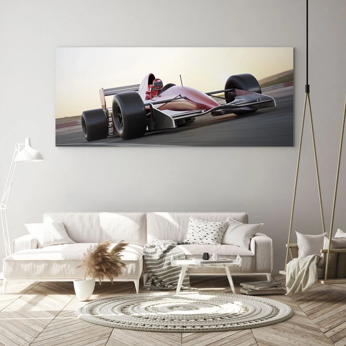 Quadro su vetro - Una macchina rossa di Formula 1 su una pista da corsa mentre guida - 120x50cm - Sempre vincente - Decorazione murale moderna per soggiorno e camera da letto ARTTOR