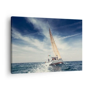 Quadro su tela - Stampe su Tela - Una barca a vela su un mare in tempesta sotto un cielo azzurro - 70x50cm - Non ci raggiungeranno! - Decorazione murale moderna per soggiorno e camera da letto ARTTOR