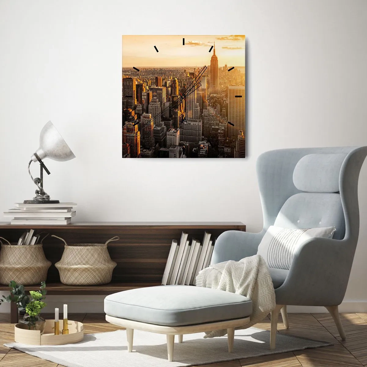 Orologio da parete - Orologio in Vetro - Skyline di New York City al tramonto con vista sull'Empire State Building - 30x30cm - Crescere al sole - Decorazione murale moderna per soggiorno e camera da letto ARTTOR