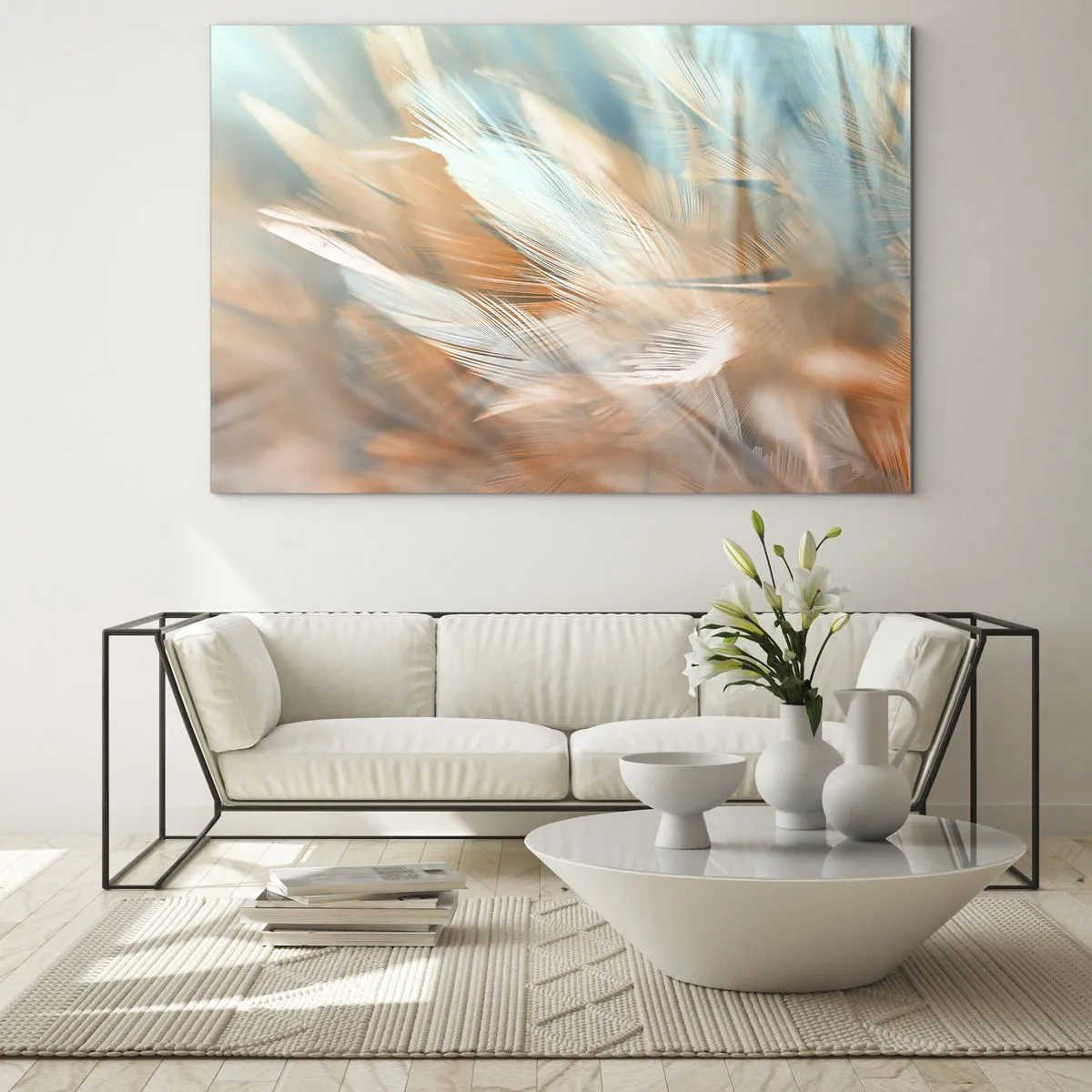 Quadro su vetro - Delicate piume nei toni pastello del turchese e della pesca - 120x80cm - Nel paese della mitezza - Decorazione murale moderna per soggiorno e camera da letto ARTTOR