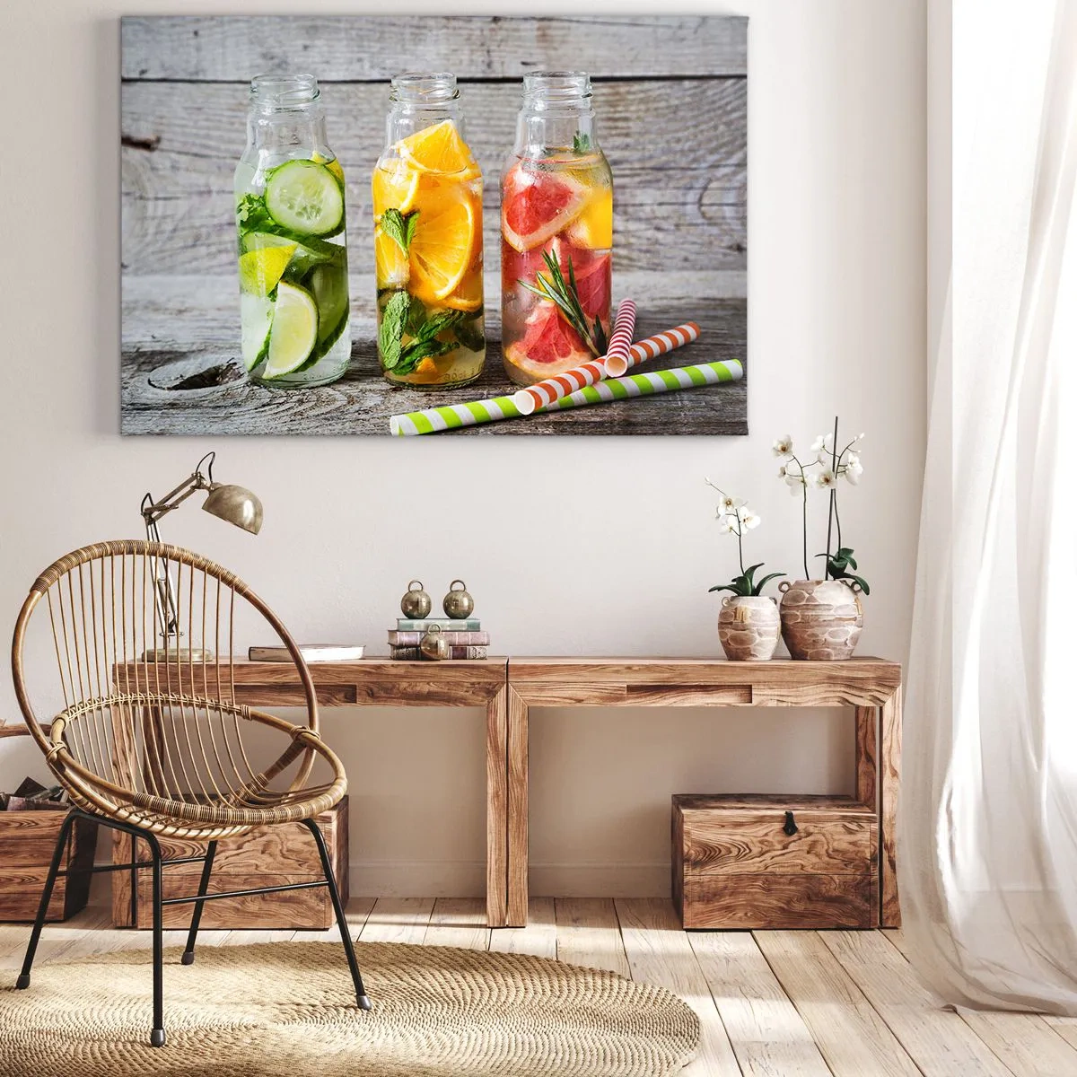 Quadro su tela - Stampe su Tela - Bottiglie di acqua alla frutta ed erbe aromatiche su uno sfondo di legno - 100x70cm - Sani di natura - Decorazione murale moderna per soggiorno e camera da letto ARTTOR