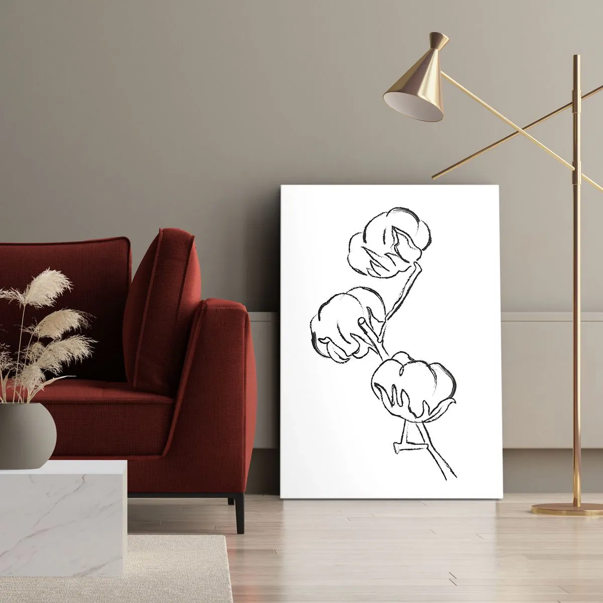 Quadro su tela - Stampe su Tela - Un delicato contorno di un ramo di cotone su uno sfondo bianco - 50x70cm - Piumino di cotone - Decorazione murale moderna per soggiorno e camera da letto ARTTOR