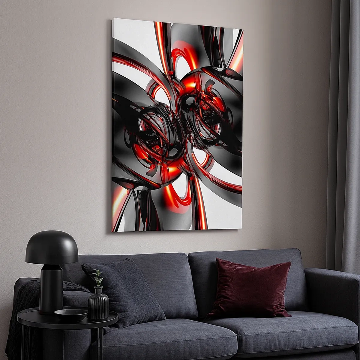 Quadro su tela - Stampe su Tela - Grafica 3D astratta con elementi neri e rossi - 50x70cm - Movimento in grafite e rosso - Decorazione murale moderna per soggiorno e camera da letto ARTTOR