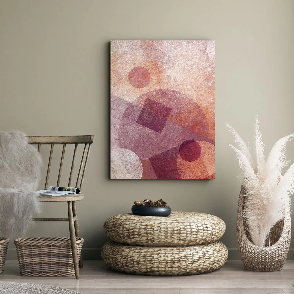 Quadro su tela - Stampe su Tela - Forme geometriche astratte in tonalità pastello di rosa - 50x70cm - Trasformazioni geometriche in rosa - Decorazione murale moderna per soggiorno e camera da letto ARTTOR