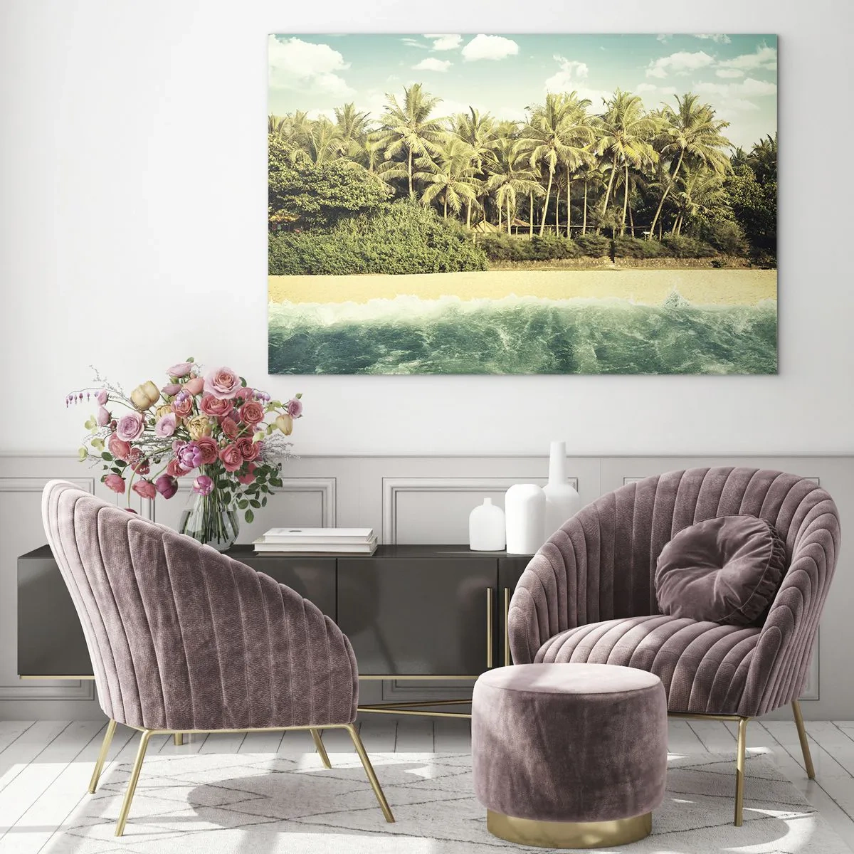 Quadro su vetro - Una spiaggia esotica con palme e un mare turchese in una giornata di sole - 70x50cm - Forse qui? - Decorazione murale moderna per soggiorno e camera da letto ARTTOR