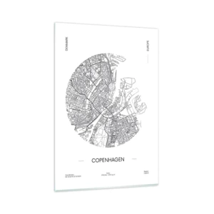 Quadro su vetro - Una mappa di Copenaghen in stile minimalista in bianco e nero. - 80x120cm - Anatomia di Copenaghen - Decorazione murale moderna per soggiorno e camera da letto ARTTOR