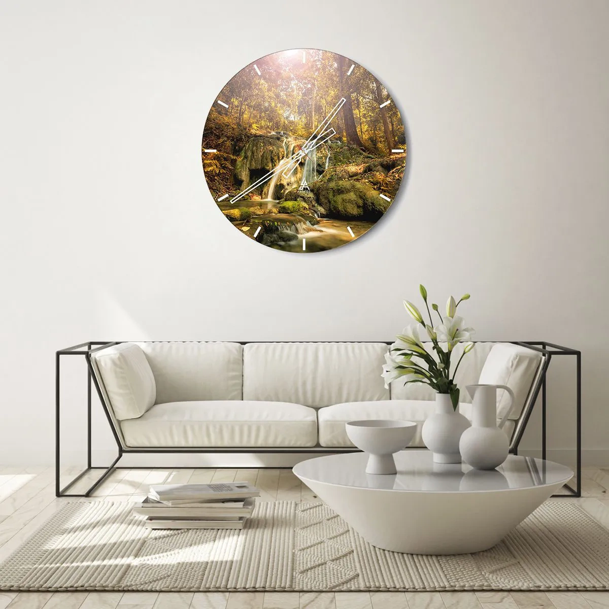 Orologio da parete - Orologio in Vetro - Cascata nella foresta al sole - 30x30cm - Cascata boschiva in verde - Decorazione murale moderna per soggiorno, cucina e camera da letto ARTTOR