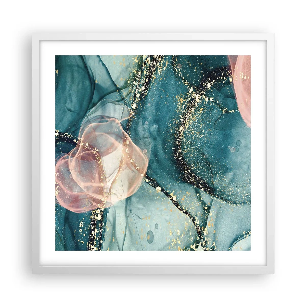 Poster in cornice bianca - Blu di seta, rosa di tulle - 50x50 cm
