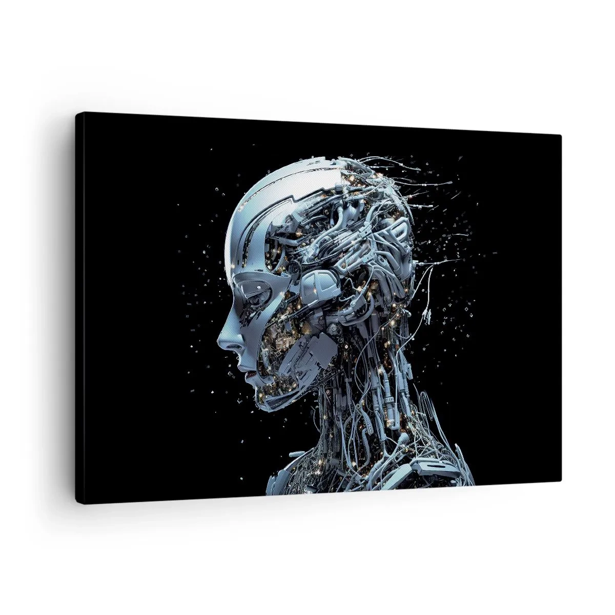 Quadro su tela - Stampe su Tela - Ritratto futuristico di un cyborg in stile industriale su sfondo nero. - 70x50cm - La tecnologia è donna - Decorazione murale moderna per soggiorno e camera da letto ARTTOR