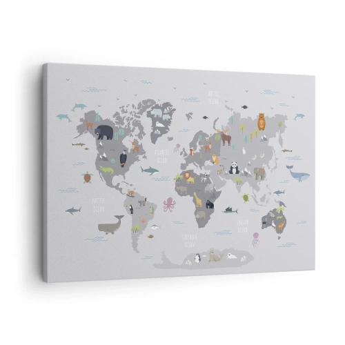Quadro su tela - Stampe su Tela - Una mappa del mondo con illustrazioni di animali su uno sfondo grigio - 70x50cm - Dimmi di dove sei... - Decorazione murale moderna per soggiorno e camera da letto ARTTOR
